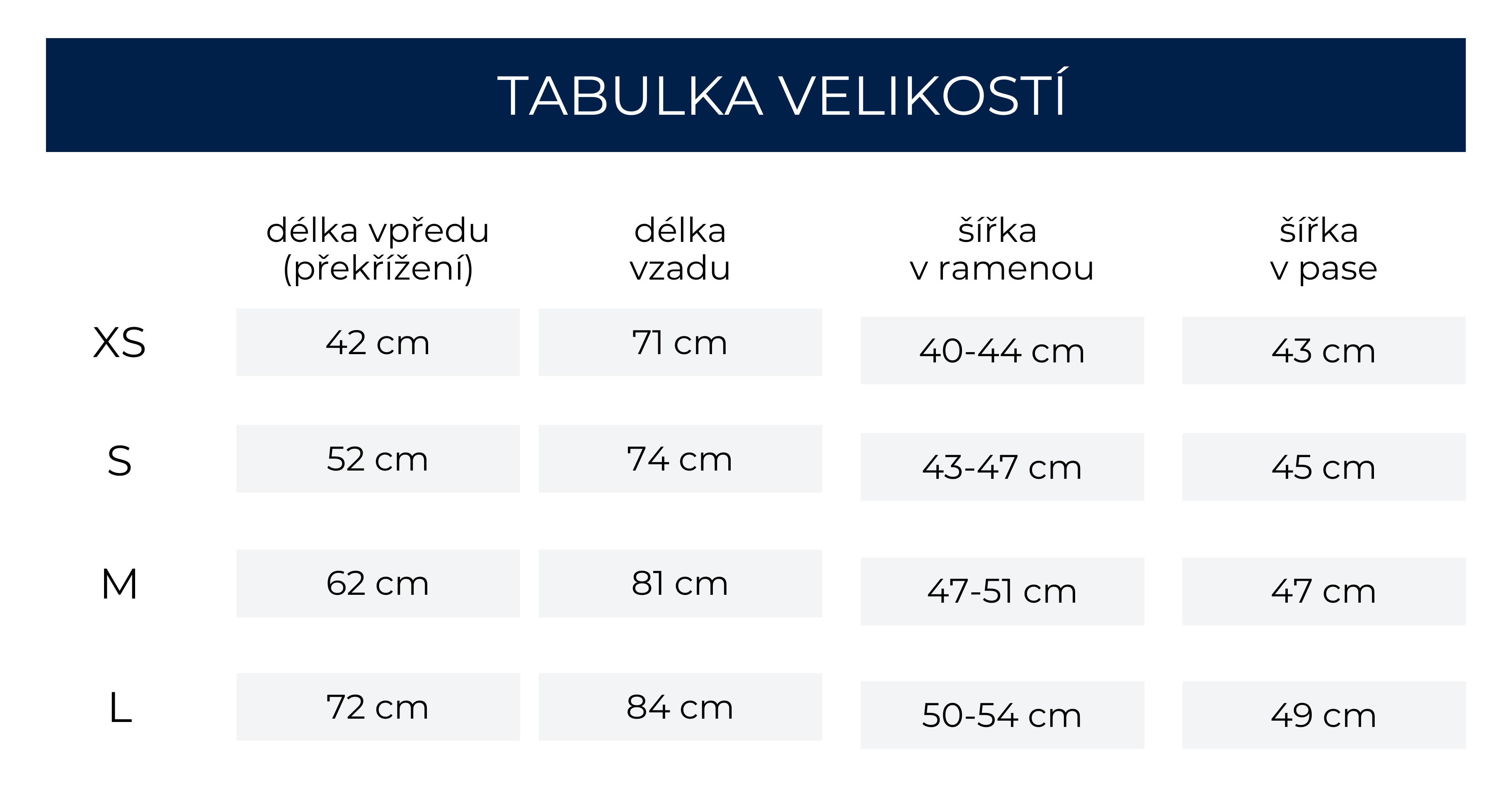 Tabulka velikostí - zimní vesty